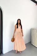 KETEN ÇİZGİLİ YELEK - UZUN ETEK TAKIM - Orange resmi